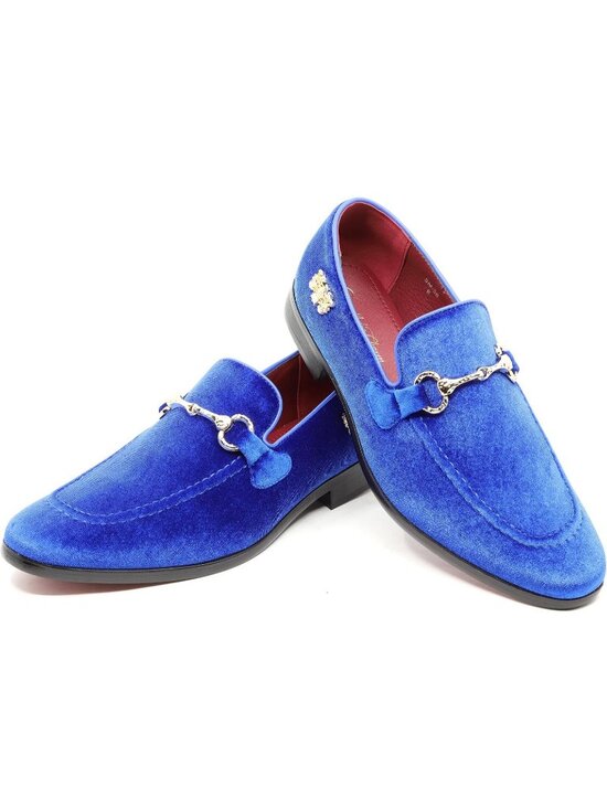 Metrocharm Men\'s Royal Blue Rubber Velvet Loafer Gold Buckle Slip On Party Shoes